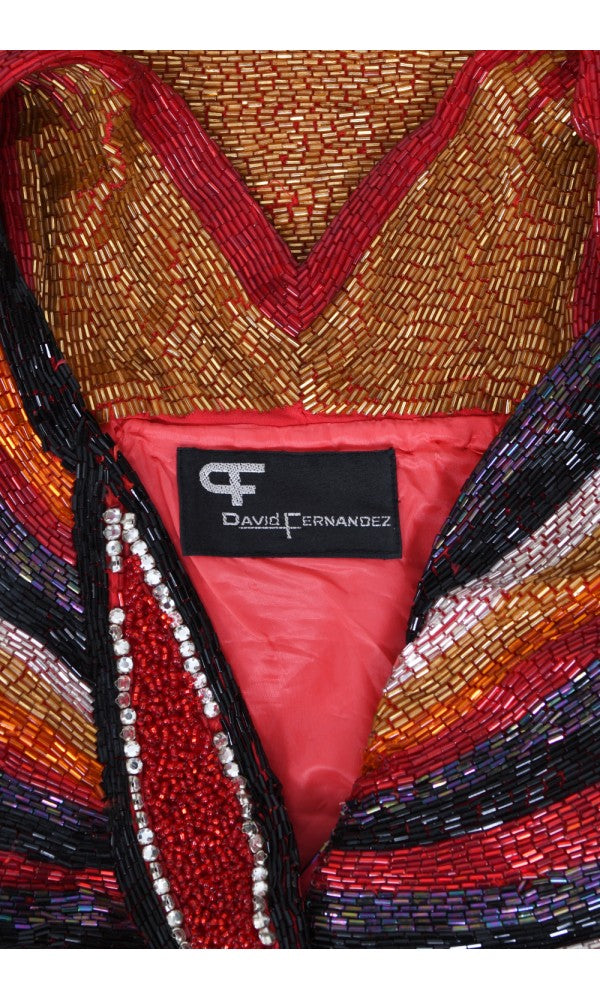 1970s Epic Fully Beaded Couture Backless Bias-Cut Trained Gown Ensemble