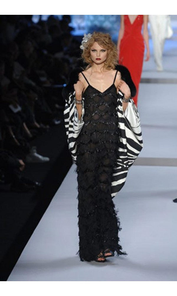 dior dress black 2008 Christian Dior by Galliano Black Silk Beaded Fringe Bias-Cut Gown