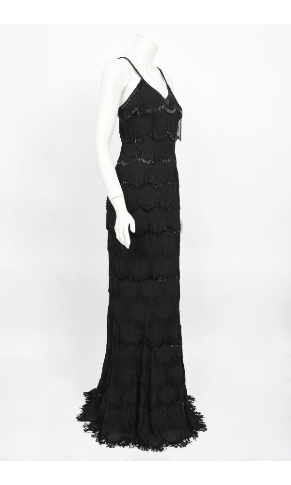 2008 Christian Dior by Galliano Black Silk Beaded Fringe Bias-Cut Gown