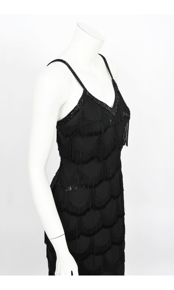 2008 Christian Dior by Galliano Black Silk Beaded Fringe Bias-Cut Gown