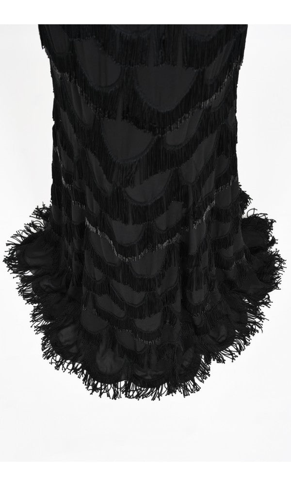 2008 Christian Dior by Galliano Black Silk Beaded Fringe Bias-Cut Gown