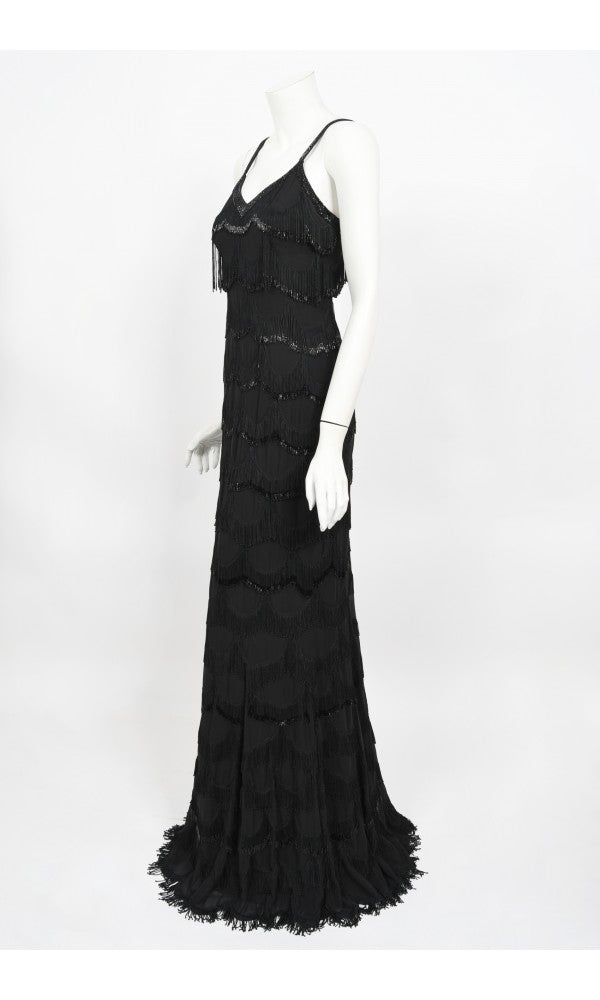 2008 Christian Dior by Galliano Black Silk Beaded Fringe Bias-Cut Gown