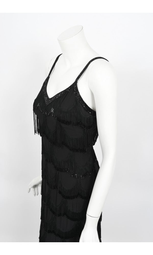 2008 Christian Dior by Galliano Black Silk Beaded Fringe Bias-Cut Gown