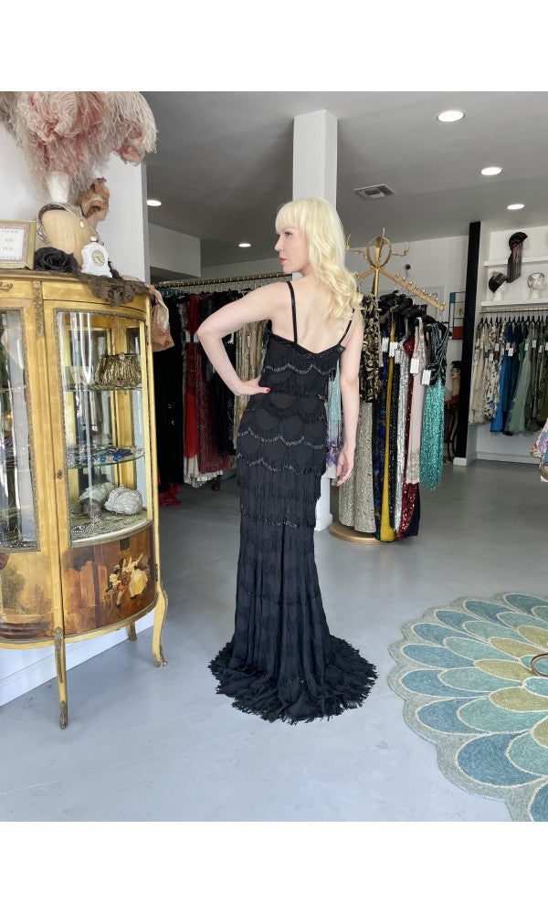 2008 Christian Dior by Galliano Black Silk Beaded Fringe Bias-Cut Gown
