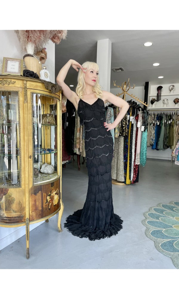 2008 Christian Dior by Galliano Black Silk Beaded Fringe Bias-Cut Gown