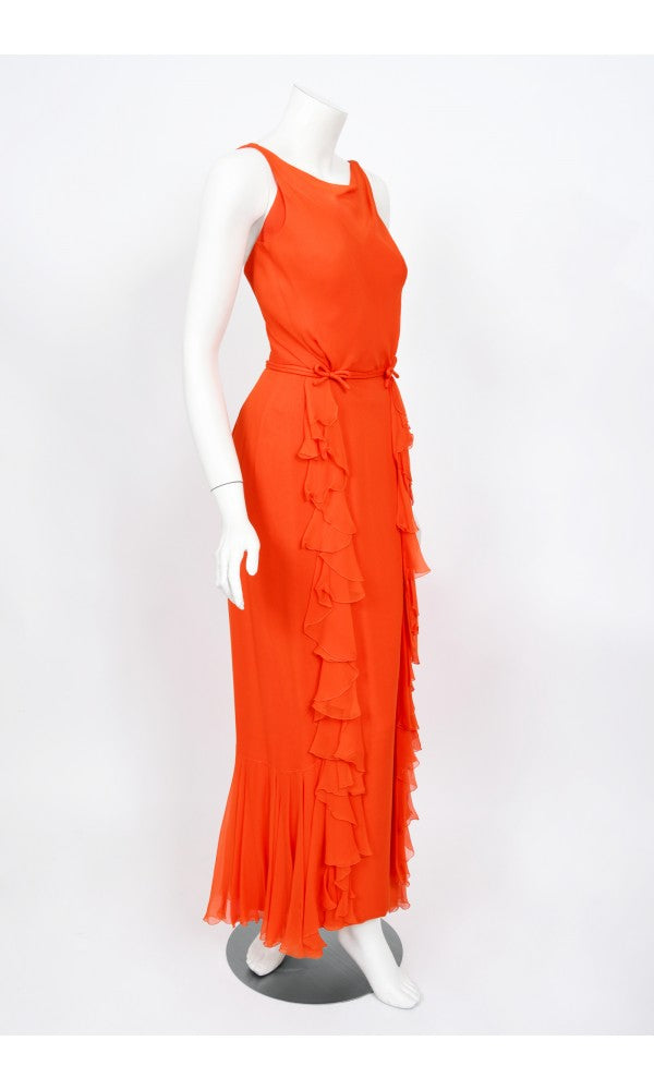 1960&#39;s Helen Rose Couture Orange Silk-Chiffon Hourglass Ruffle Gown Set