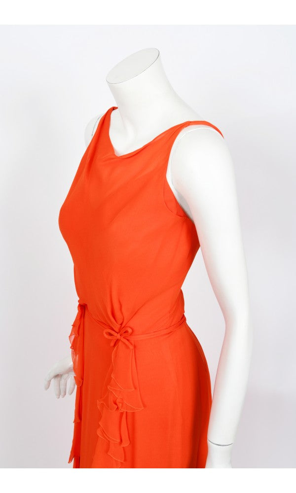 1960&#39;s Helen Rose Couture Orange Silk-Chiffon Hourglass Ruffle Gown Set