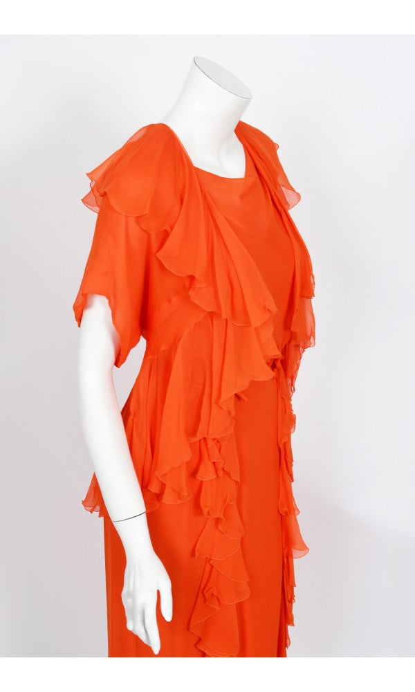 1960&#39;s Helen Rose Couture Orange Silk-Chiffon Hourglass Ruffle Gown Set