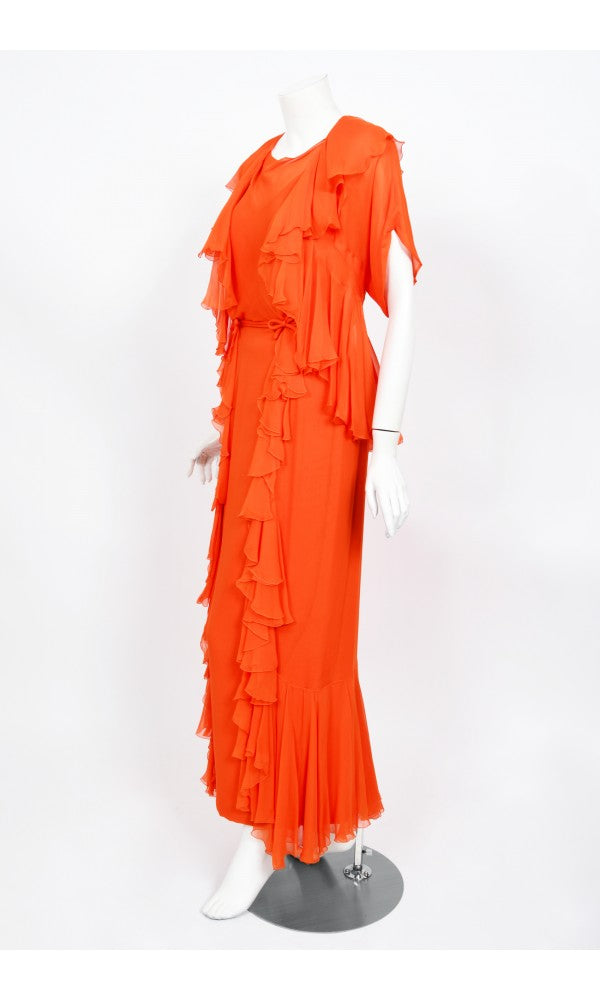 1960&#39;s Helen Rose Couture Orange Silk-Chiffon Hourglass Ruffle Gown Set