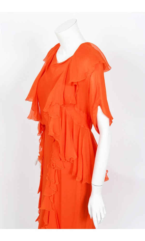 1960&#39;s Helen Rose Couture Orange Silk-Chiffon Hourglass Ruffle Gown Set