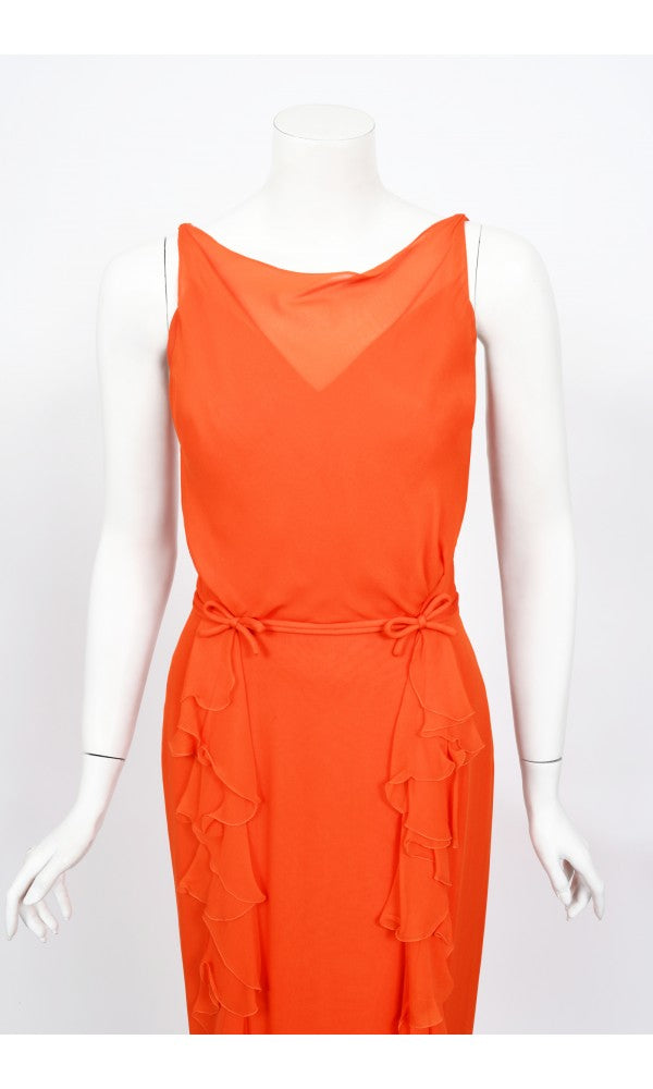 1960&#39;s Helen Rose Couture Orange Silk-Chiffon Hourglass Ruffle Gown Set