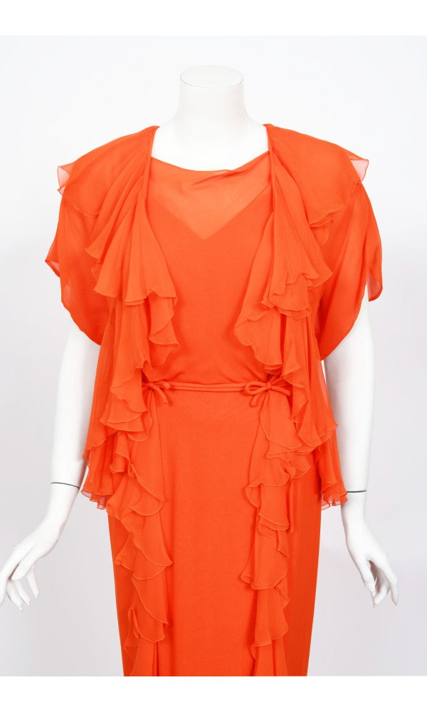 1960&#39;s Helen Rose Couture Orange Silk-Chiffon Hourglass Ruffle Gown Set