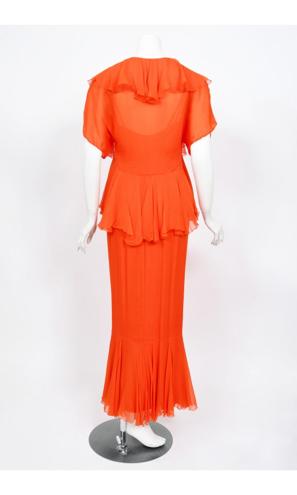 1960&#39;s Helen Rose Couture Orange Silk-Chiffon Hourglass Ruffle Gown Set