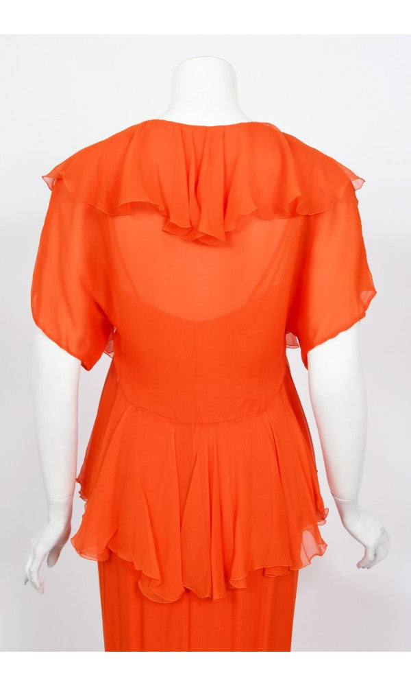 1960&#39;s Helen Rose Couture Orange Silk-Chiffon Hourglass Ruffle Gown Set