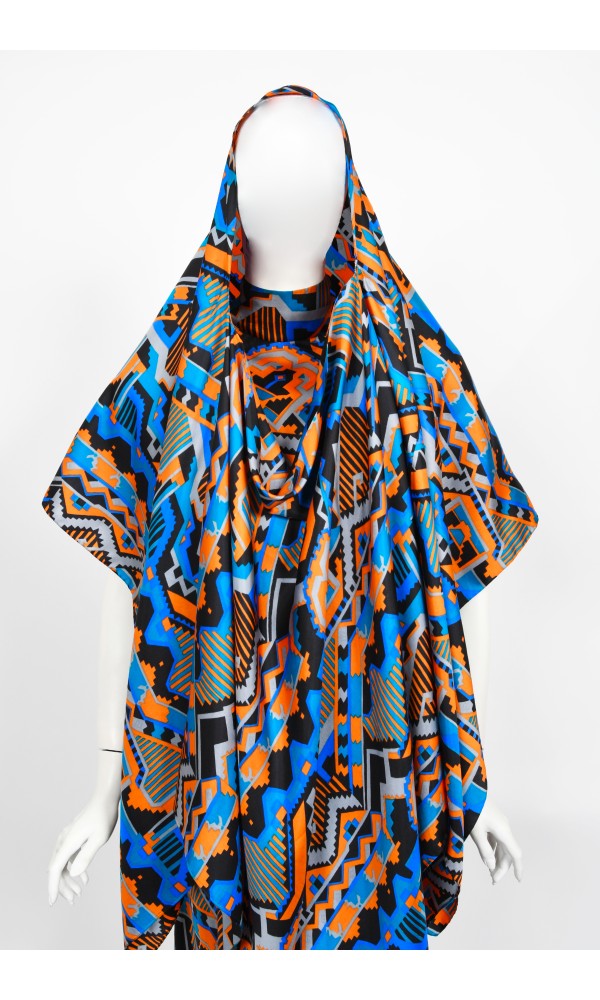 1970&#39;s Madame Grès Haute Couture Graphic Print Silk Gown &amp; Hooded Shawl