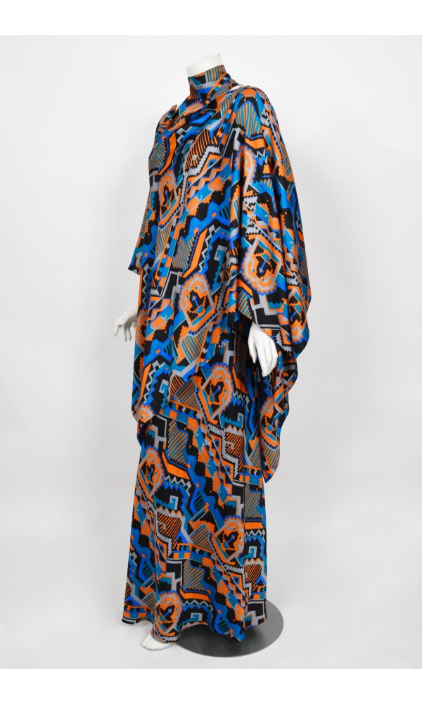 1970&#39;s Madame Grès Haute Couture Graphic Print Silk Gown &amp; Hooded Shawl