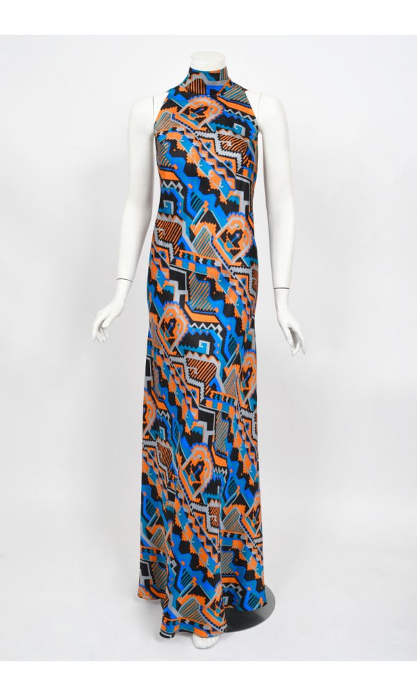 1970&#39;s Madame Grès Haute Couture Graphic Print Silk Gown &amp; Hooded Shawl