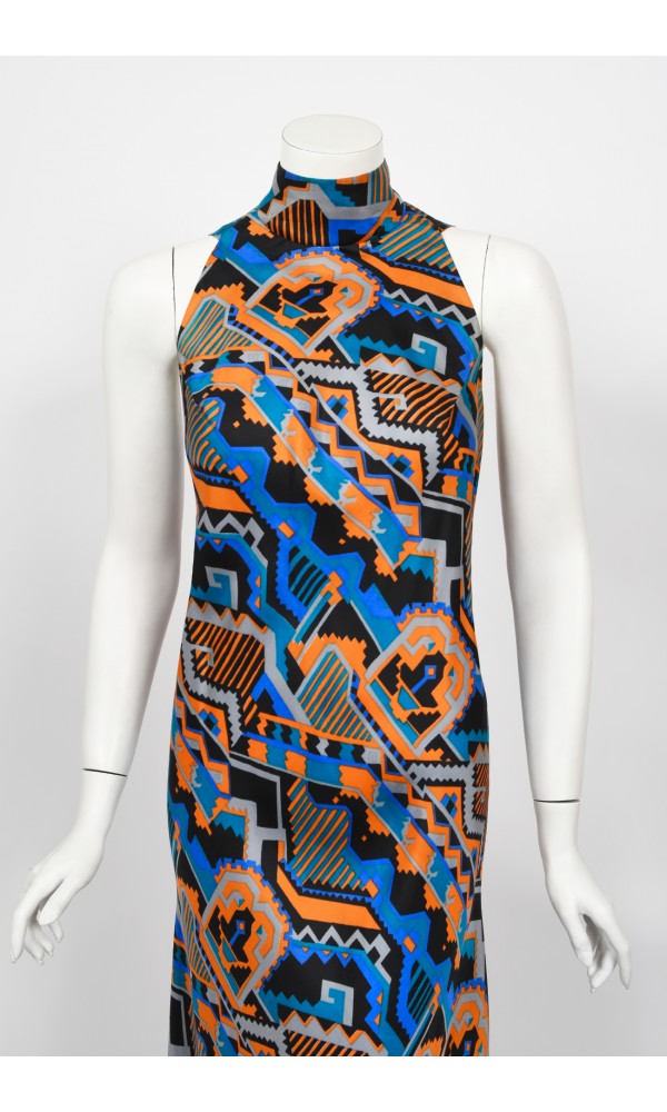 1970&#39;s Madame Grès Haute Couture Graphic Print Silk Gown &amp; Hooded Shawl