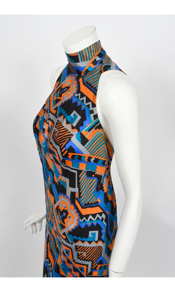 1970&#39;s Madame Grès Haute Couture Graphic Print Silk Gown &amp; Hooded Shawl