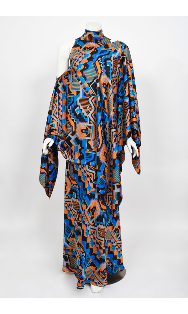 1970&#39;s Madame Grès Haute Couture Graphic Print Silk Gown &amp; Hooded Shawl