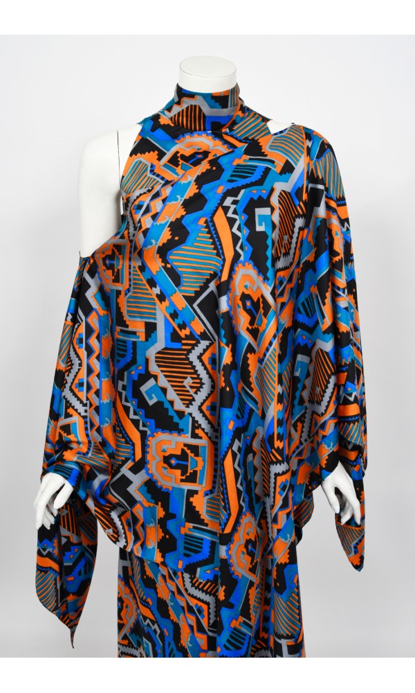 1970&#39;s Madame Grès Haute Couture Graphic Print Silk Gown &amp; Hooded Shawl