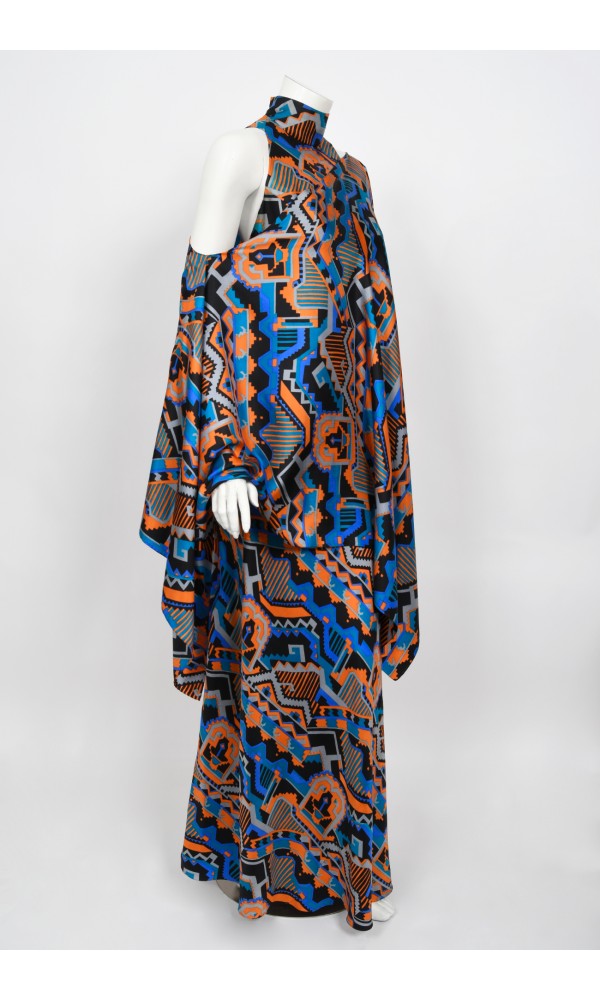 1970&#39;s Madame Grès Haute Couture Graphic Print Silk Gown &amp; Hooded Shawl