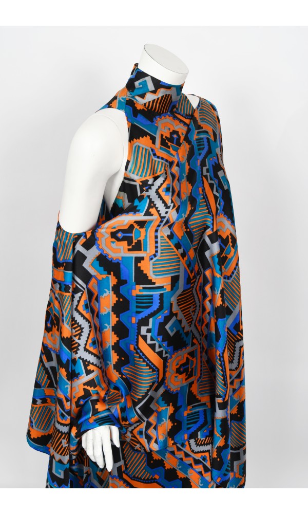 1970&#39;s Madame Grès Haute Couture Graphic Print Silk Gown &amp; Hooded Shawl