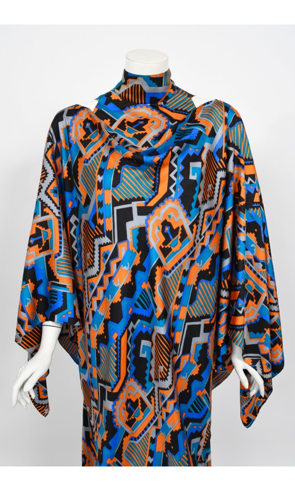 1970&#39;s Madame Grès Haute Couture Graphic Print Silk Gown &amp; Hooded Shawl