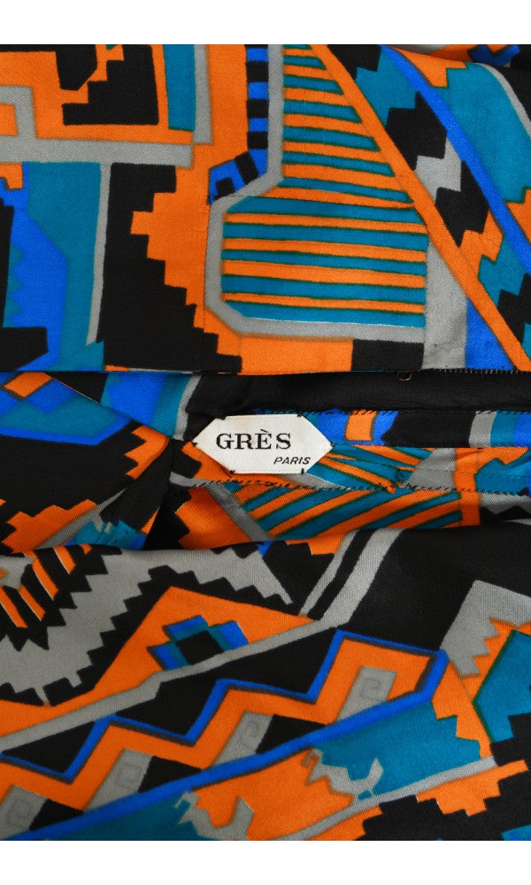 1970&#39;s Madame Grès Haute Couture Graphic Print Silk Gown &amp; Hooded Shawl