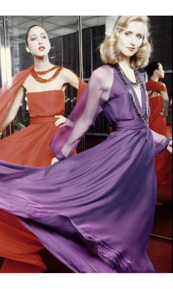 1970's Halston Couture Purple Silk Strapless Tube-Top Maxi Dress Set