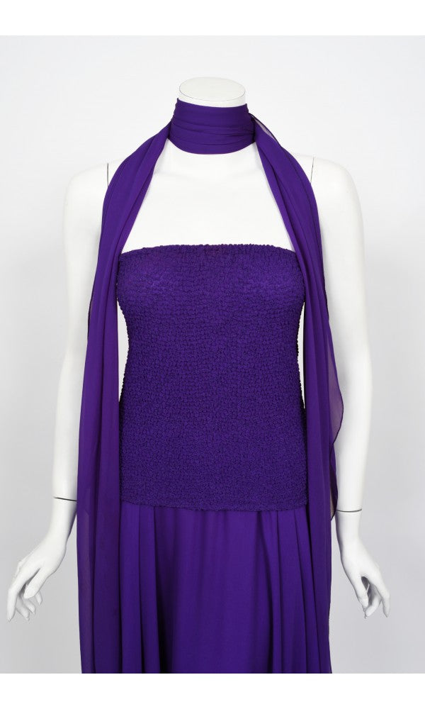 1970&#39;s Halston Couture Purple Silk Strapless Tube-Top Maxi Dress Set