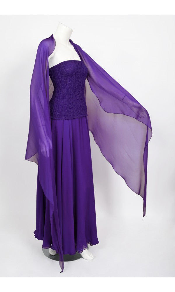 1970&#39;s Halston Couture Purple Silk Strapless Tube-Top Maxi Dress Set