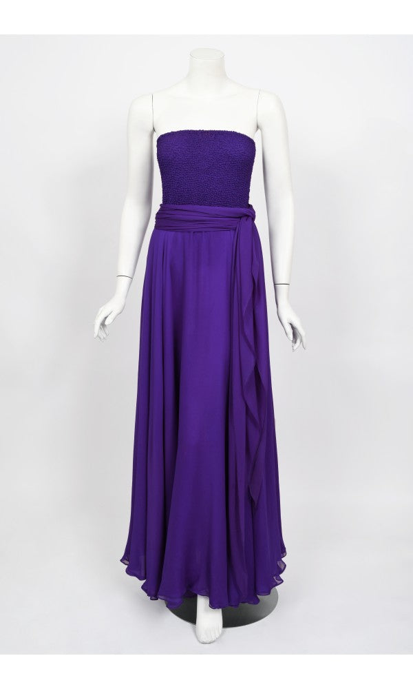 1970&#39;s Halston Couture Purple Silk Strapless Tube-Top Maxi Dress Set