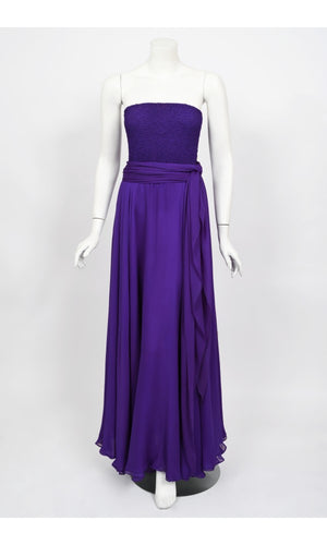 1970's Halston Couture Purple Silk Strapless Tube-Top Maxi Dress Set