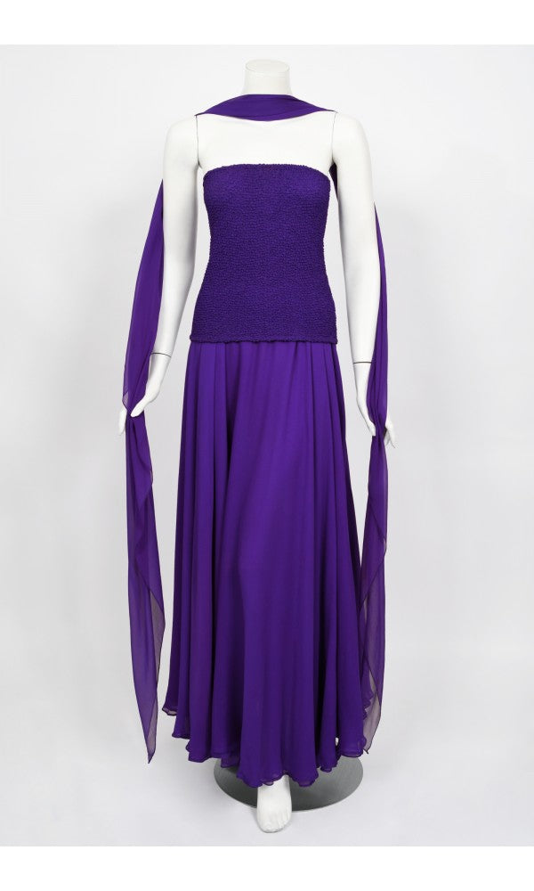 1970's Halston Couture Purple Silk Strapless Tube-Top Maxi Dress Set - Timeless Vixen 1970's Halston Couture Purple Silk Strapless Tube-Top Maxi Dress Set - Timeless Vixen