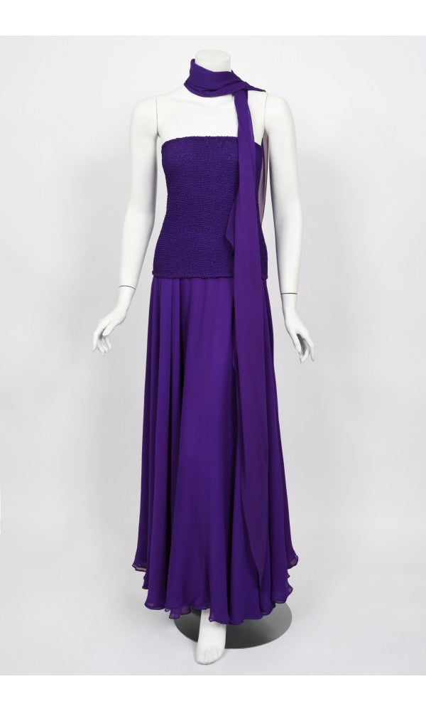 1970&#39;s Halston Couture Purple Silk Strapless Tube-Top Maxi Dress Set