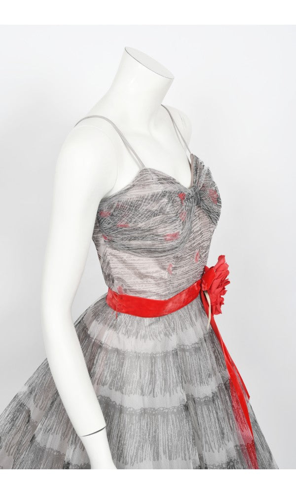 1950&#39;s Emma Domb Red Roses Illusion Print Tulle Full-Skirt Party Dress