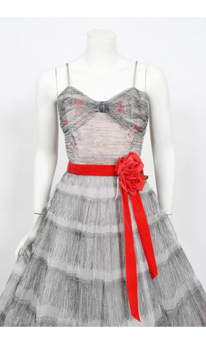 1950's Emma Domb Red Roses Illusion Print Tulle Full-Skirt Party Dress