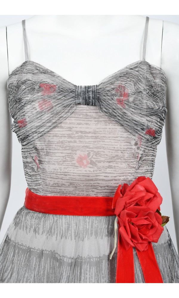 1950&#39;s Emma Domb Red Roses Illusion Print Tulle Full-Skirt Party Dress