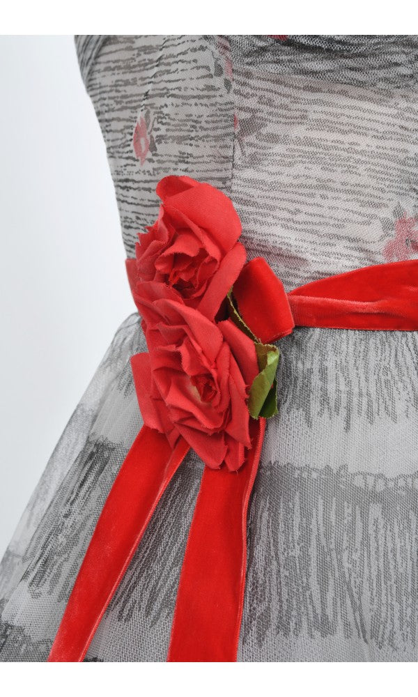 1950&#39;s Emma Domb Red Roses Illusion Print Tulle Full-Skirt Party Dress