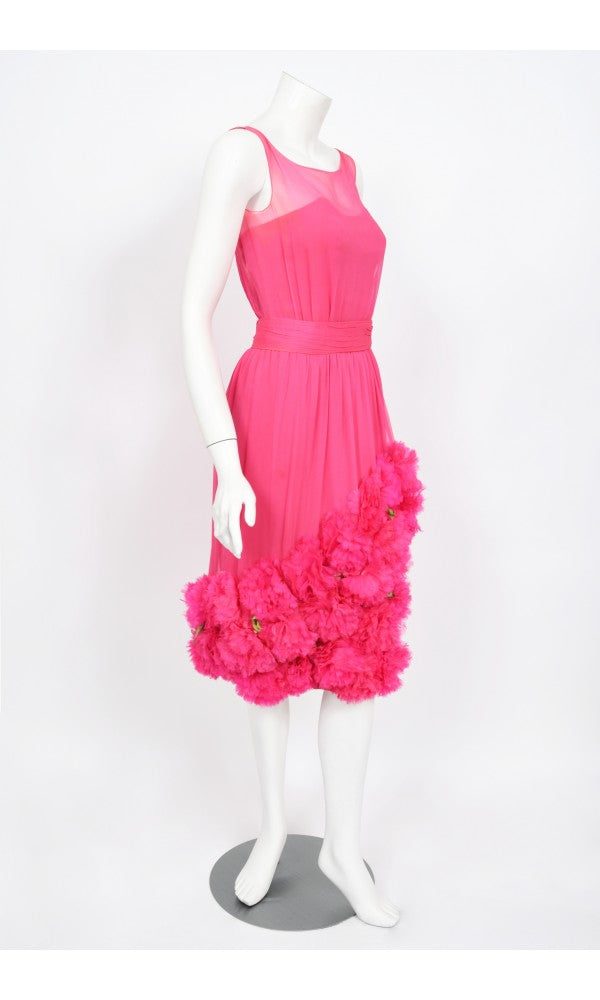 1950&#39;s Ceil Chapman Pink Silk Chiffon Floral Appliqué Cocktail Dress