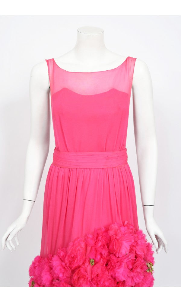 1950&#39;s Ceil Chapman Pink Silk Chiffon Floral Appliqué Cocktail Dress