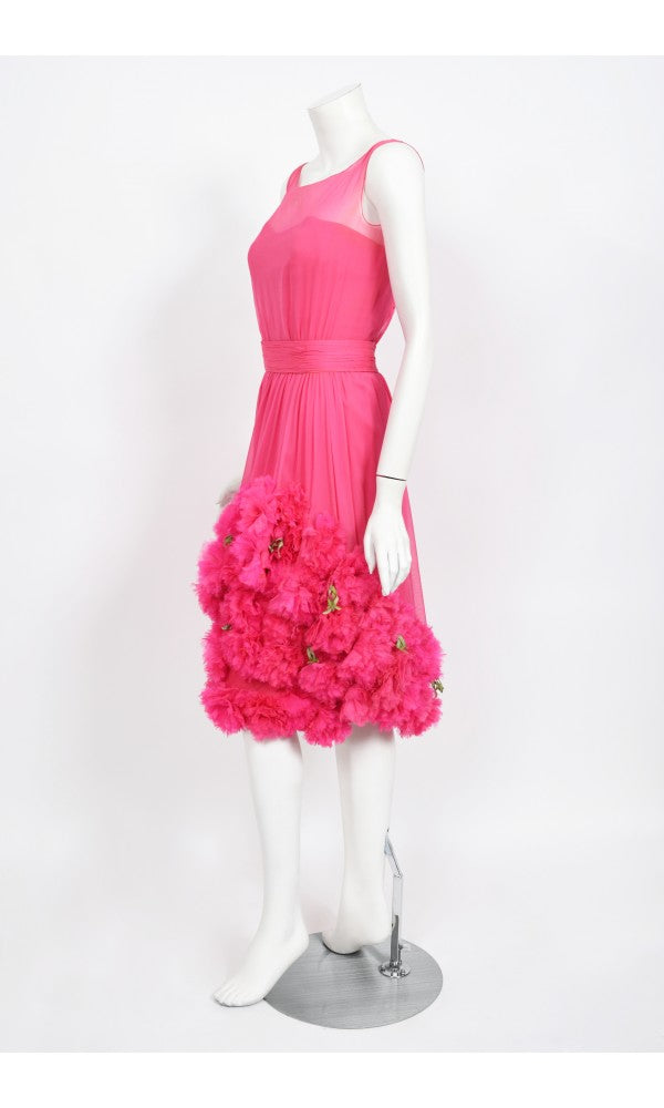 1950&#39;s Ceil Chapman Pink Silk Chiffon Floral Appliqué Cocktail Dress