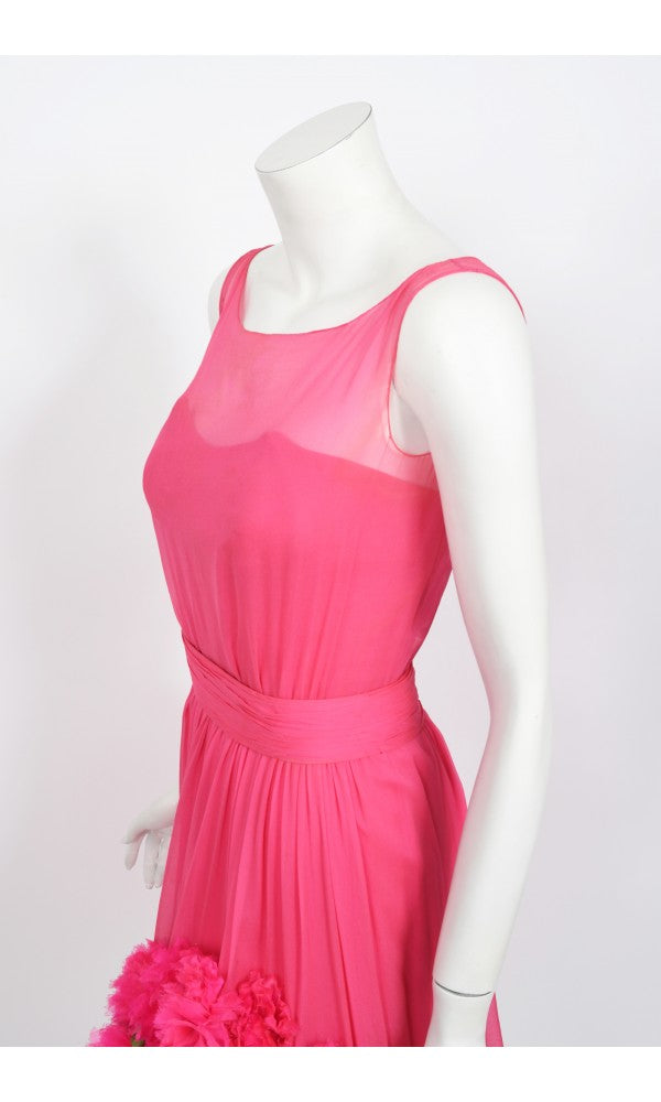 1950&#39;s Ceil Chapman Pink Silk Chiffon Floral Appliqué Cocktail Dress