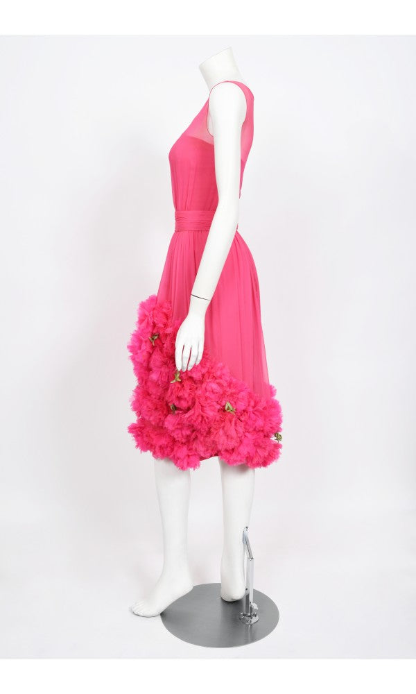 1950&#39;s Ceil Chapman Pink Silk Chiffon Floral Appliqué Cocktail Dress