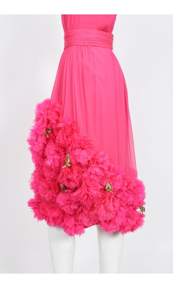 1950&#39;s Ceil Chapman Pink Silk Chiffon Floral Appliqué Cocktail Dress