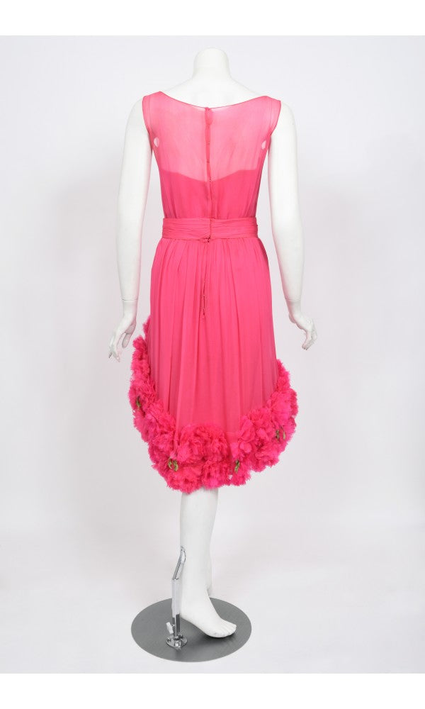 1950&#39;s Ceil Chapman Pink Silk Chiffon Floral Appliqué Cocktail Dress