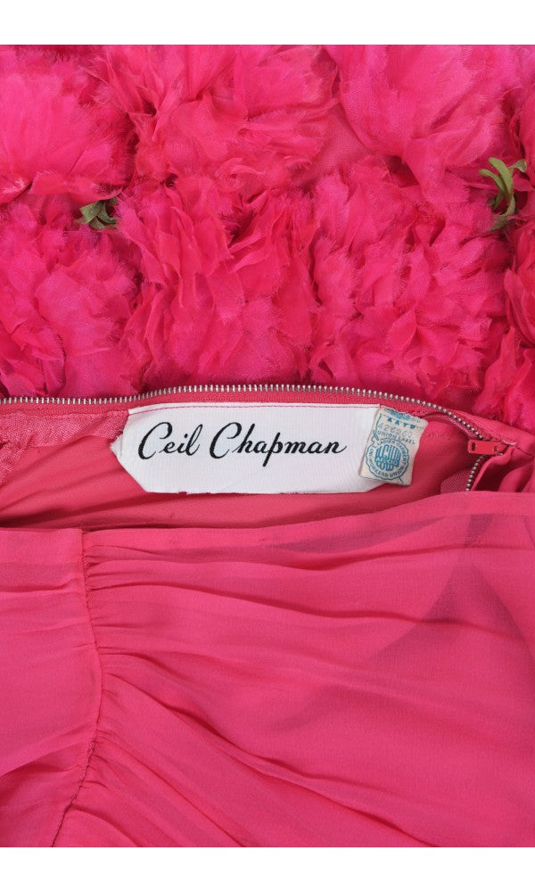 1950&#39;s Ceil Chapman Pink Silk Chiffon Floral Appliqué Cocktail Dress