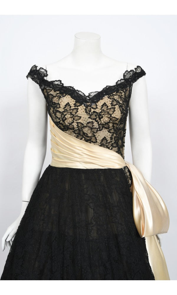 1950&#39;s Pauline Trigère Black Lace &amp; Ivory Satin Illusion Off-Shoulder ‘New Look’ Party Dress