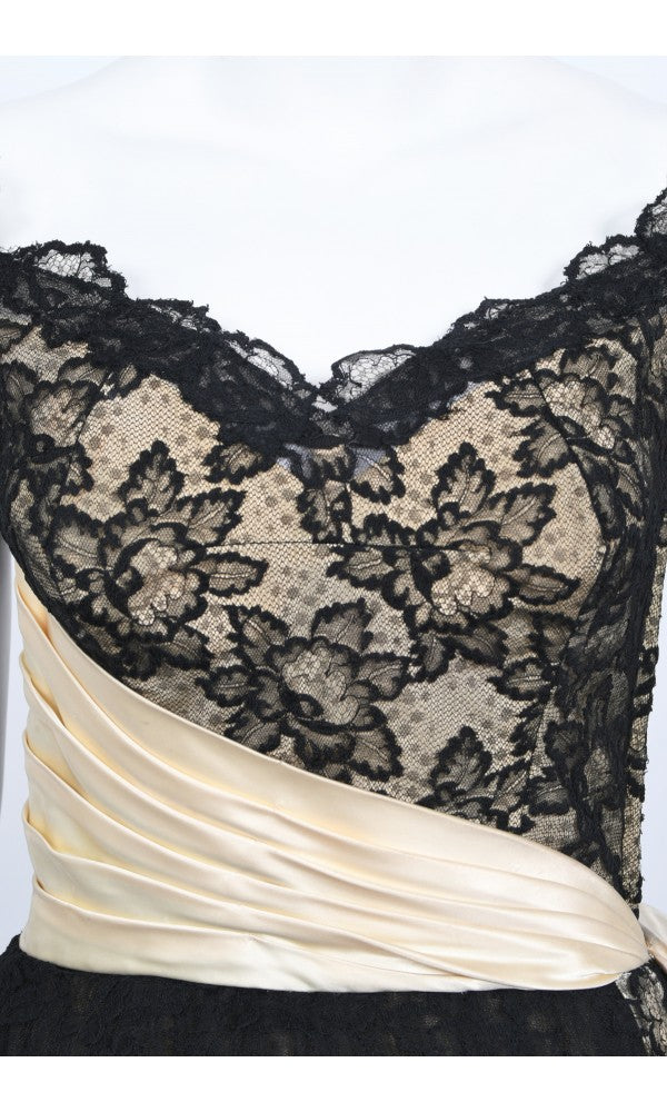 1950&#39;s Pauline Trigère Black Lace &amp; Ivory Satin Illusion Off-Shoulder ‘New Look’ Party Dress